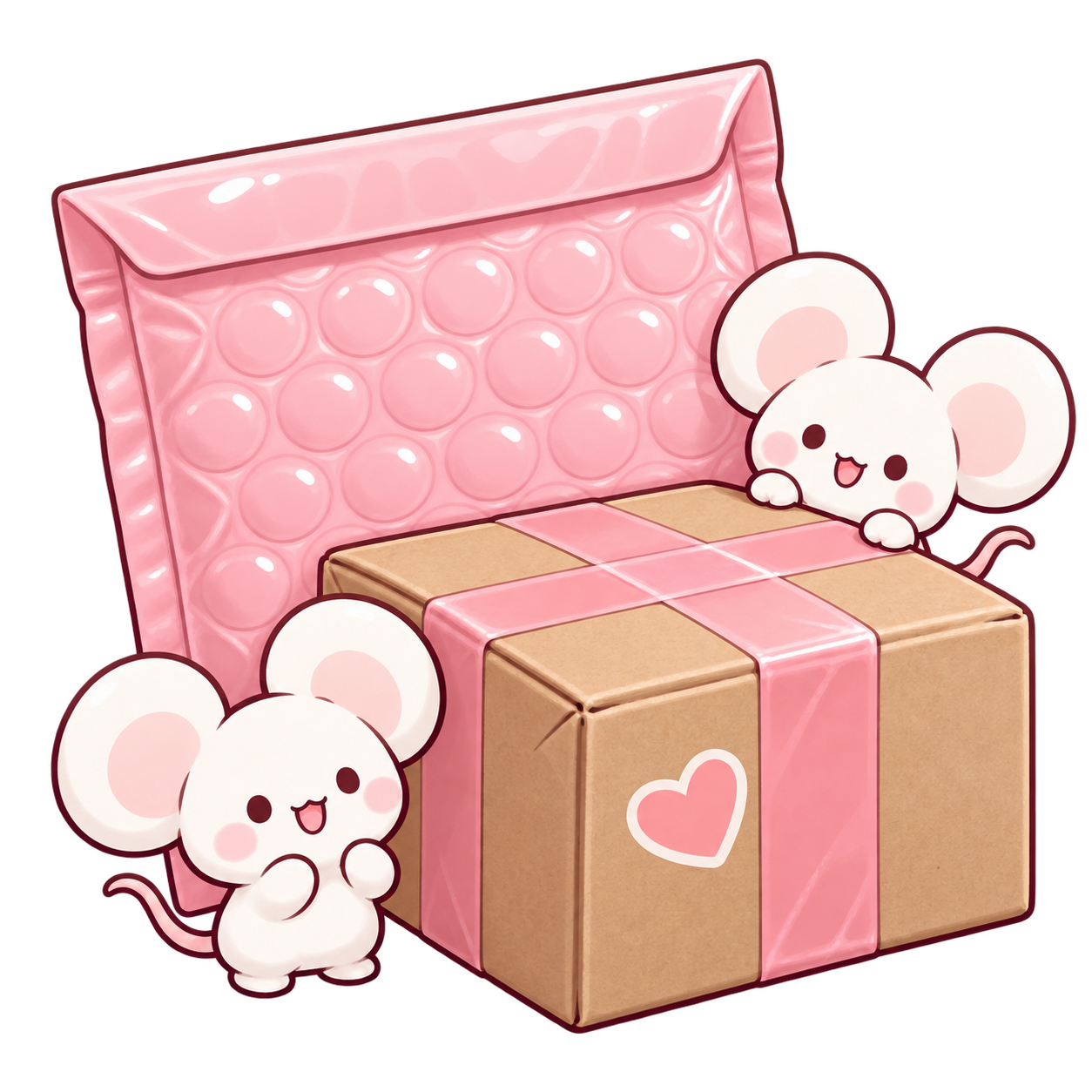 Mouse helpers beside a package and pink mailer