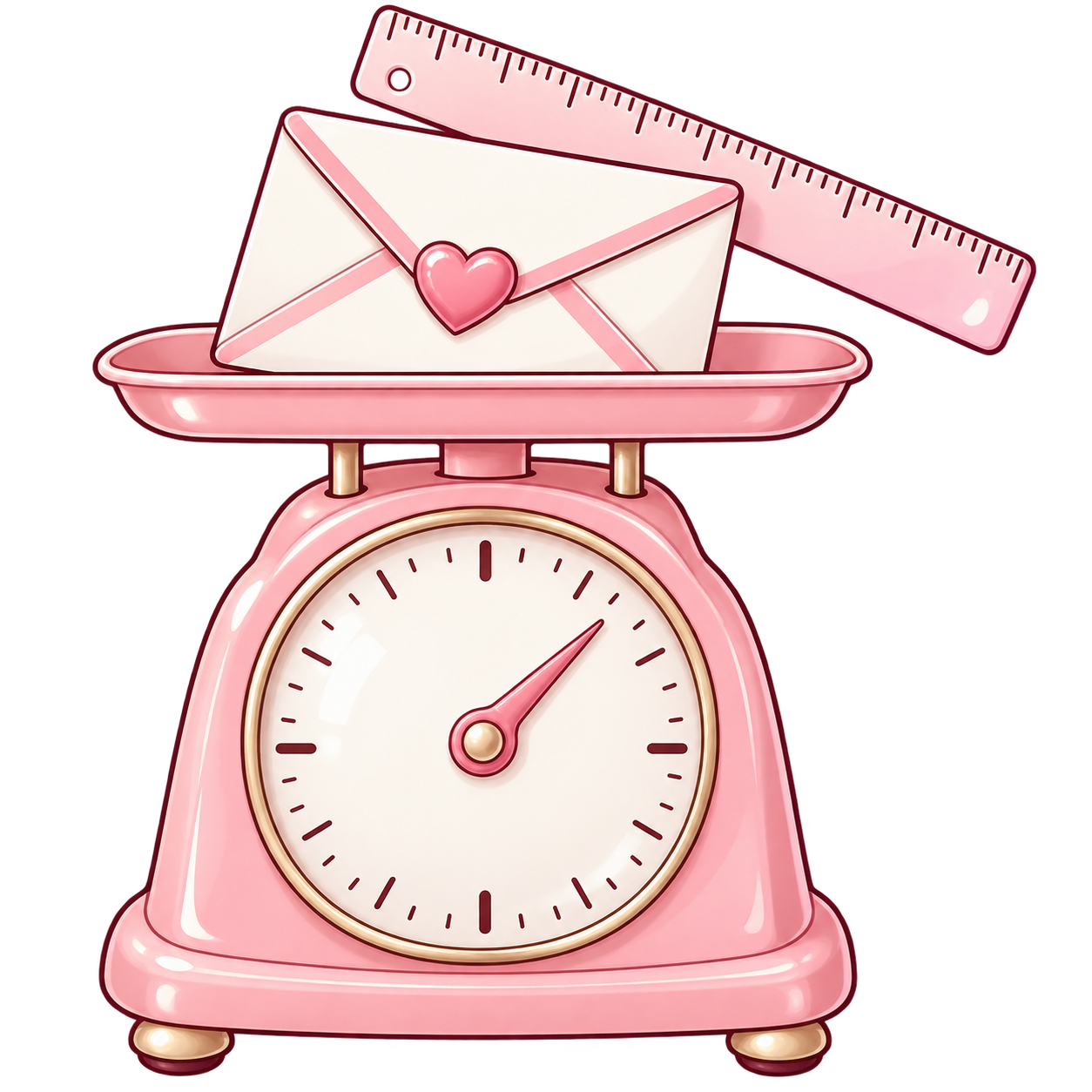 An envelope on a pink scale with a ruler
